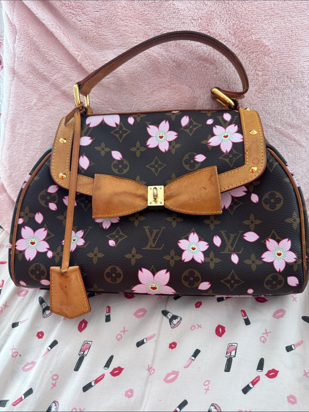 Louis Vuitton Brown Monogram Cherry Blossom Bow Satchel limited with Pink